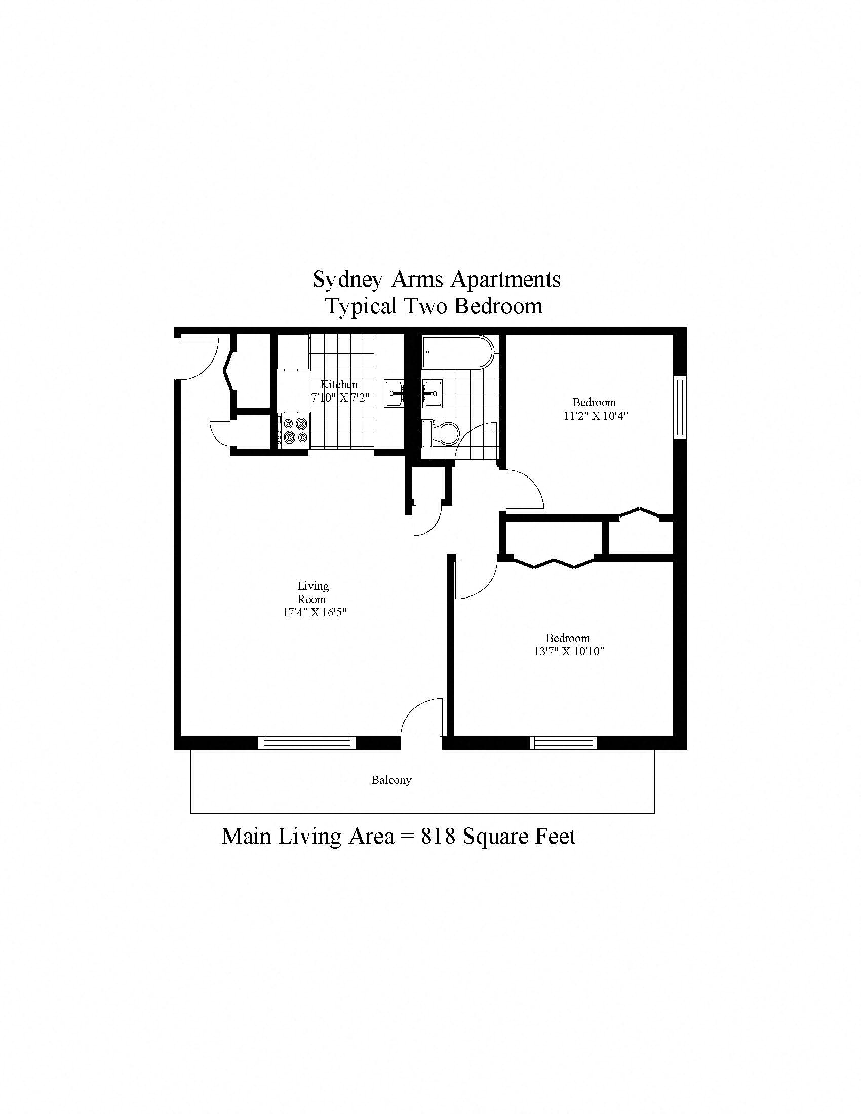 Floor plan for 2 beds, 1 bath, 818 sqft